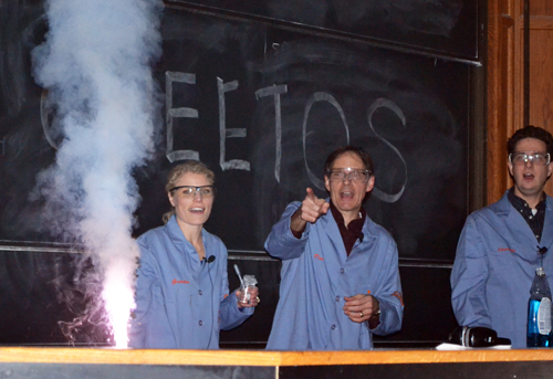 Gretchen Adams, Don Decoste, and Christian Ray "ooh" and "ah" during a demo about "fireworks."