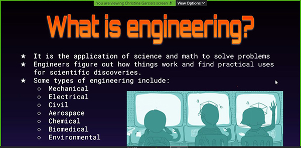 Introductory slide at Engineering Exploration regarding what engineering is and some of its disciplines.