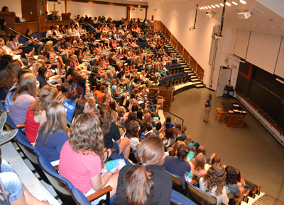 Women participating in the WIE Freshman Orientation Camp gather at Loomis Lab for an introductory session.