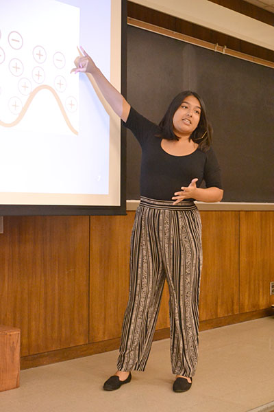 During the August 2nd final presentation, I-MRSEC REU participant Hannah Gilbonio discusses her research done in Rashid Bashir's lab.
