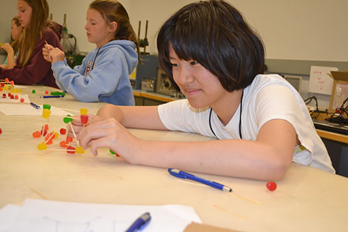 During the camp's making stuff stronger segment, a middle schooler works on her team's toothpick/gumdrop structure.