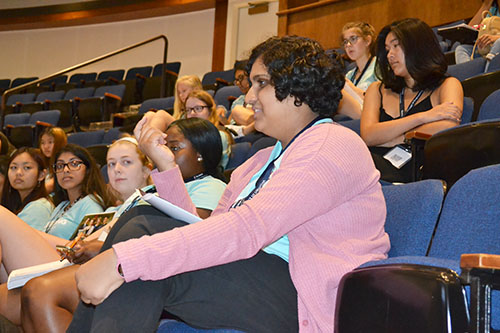  A freshman asks a question during one of the sessions.