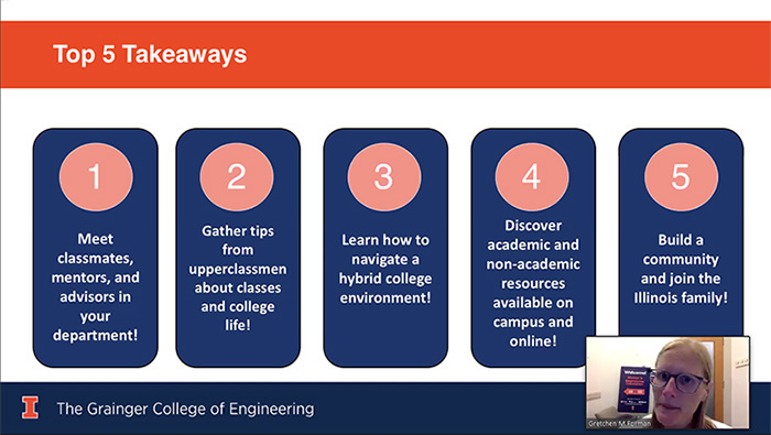 Gretchen Forman (bottom right) shares the top 5 things Orientation leadership hoped the freshmen would take away from the event.