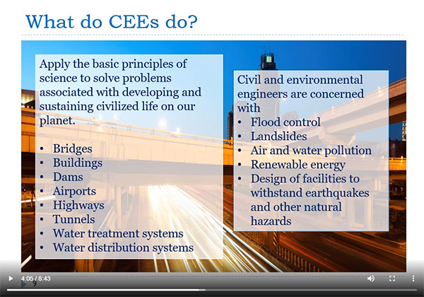 A slide from CEE's week one "At Your Convenience"  session about what Civil and Environmental Engineers do.