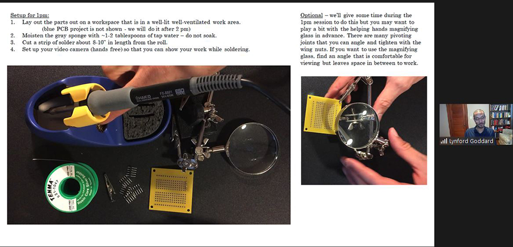 PI Lynford Goddard shows a video about soldering prior to having participants do the hands-on activity.