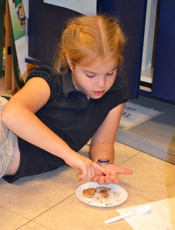 Fourth grade student counts the number of chips she has been able to "mine."
