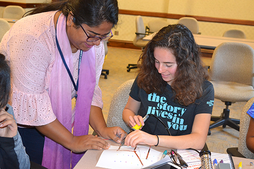 MechSE grad student Shayla Bhuiya (left) helps  GBAM GAMES camper Sarah Schoenbaum, a rising junior  from Southern  California, as she makes a copper tape circuit.