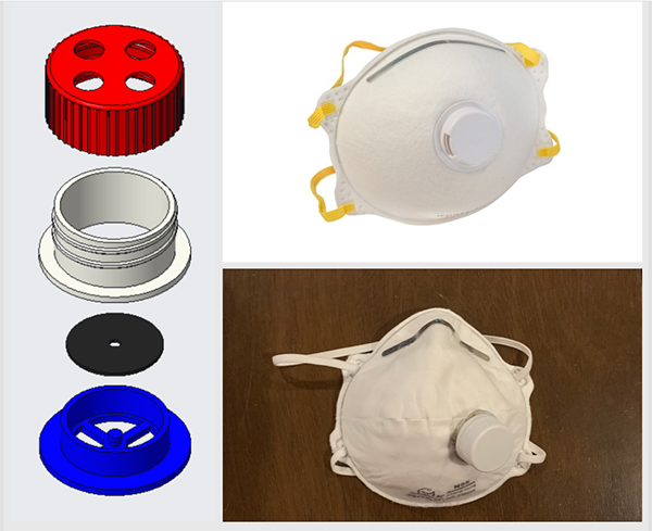 Matt Grendzinski's CAD drawings (left and top right) and actual prototype (bottom right) of a repurpsoed exhalation valve for a face mask. (Photo taken from student's final project website.)