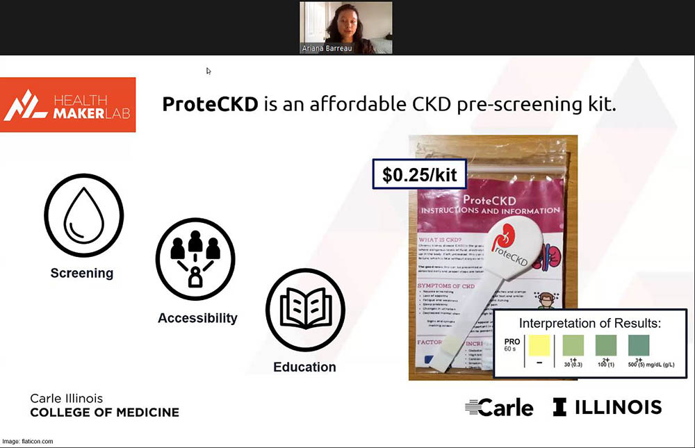 Contestant Ariana Barreau presents a slide about her team's idea, <em>ProteCKD: Earlier Detection of Chronic Kidney Disease among Underrepresented Patient Populations </em>during the 2021 Virtual Health Make-a-Thon Competition.