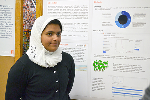 International INCLUSION REU parter undergrad Lujain Fatta presenting her research at the end-of-the-summer poster session at NCSA.