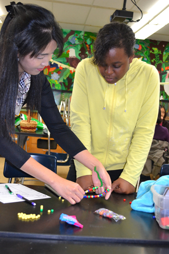 Sua Myong works with Jefferson eighth grader Allegra Amos during lesson on plasmids.