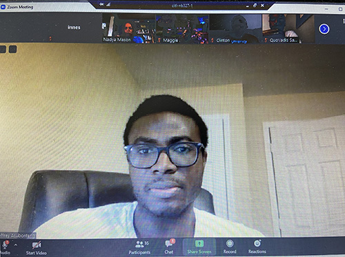 Jeffrey Ausubonteng, funded through NanoMFG, introduces himself to the other REU participants during the May 27th REU Orientation on Zoom.