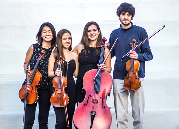 Eugenia Maldonado (third from the left) and her cello, with her group, the Noten quartet. (Image courtesy of Eugenia Maldonado.)