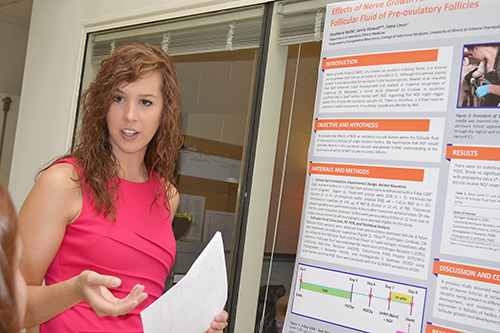 Vet Med student, Stephanie Stella presents her research to a visitor to the SRTP poster sesion.