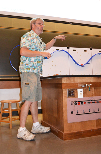 Mats Selen demonstrates inertia during a Physics 211 lecture
