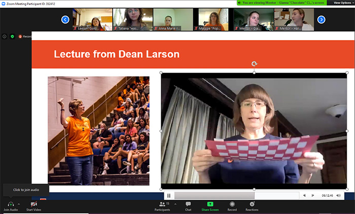 Dean Sue Larson gives her video lecture on how to weave a heart, a hands-on activity designed to introduce freshmen to lectures, discussion groups, teamwork, etc