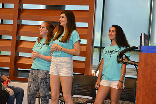 Left to right: WIE Orientation Co-coordinators Siobhan Fox, Elizabeth Sanders, and Samantha Moran interact with the freshmen during Tuesday morning's introductory session. 