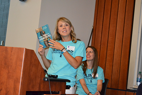 During the introductory session, Women in Engineering director Angie Wolters introduces the new book she and Laura Hahn wrote featuring <em>Illinois</em> Engineering women.