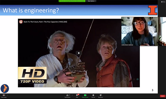 MechSE grad student Kellie Halloran uses a clip about the Flux Capacitor from <em>Back to the Future, Part 1. </em>. 