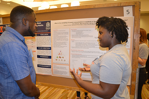 WE CAN REU undergrad Erin Holland discusses her research with a visitor to the ISRS.