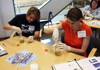 Workshop participants experiment with algae at iRISE teacher profesional development workshop.