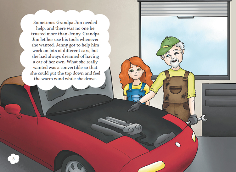 Page 3 of <em>Jenny</em>, where the reader learns of her dream of owning a convertible.