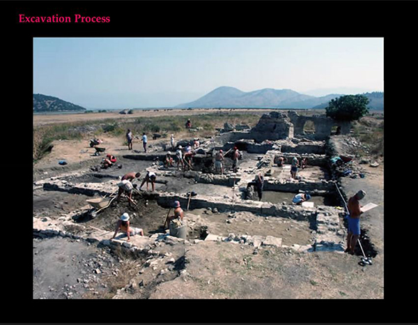 A slide Kaufman and Bisyop showed students illustrating what an archaelogical excavation site looks like.