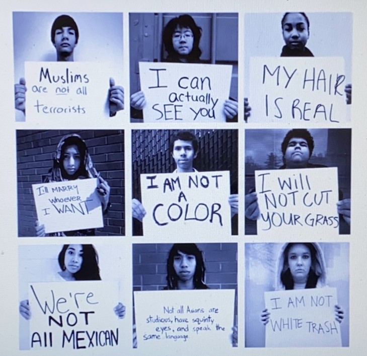 A slide from Pollock’s presentation shows people dispelling stereotypes about their ethnicity.

